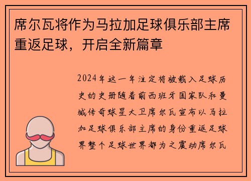席尔瓦将作为马拉加足球俱乐部主席重返足球，开启全新篇章