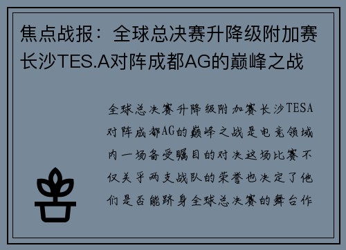 焦点战报：全球总决赛升降级附加赛长沙TES.A对阵成都AG的巅峰之战