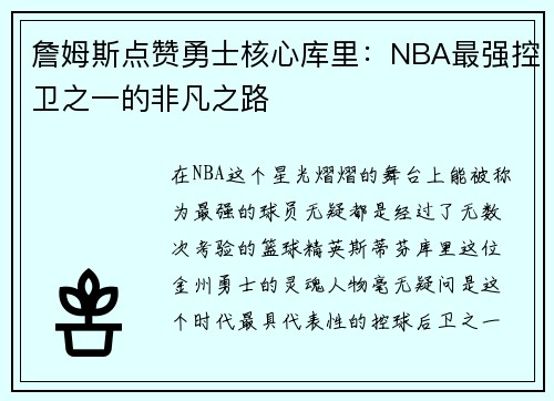 詹姆斯点赞勇士核心库里：NBA最强控卫之一的非凡之路